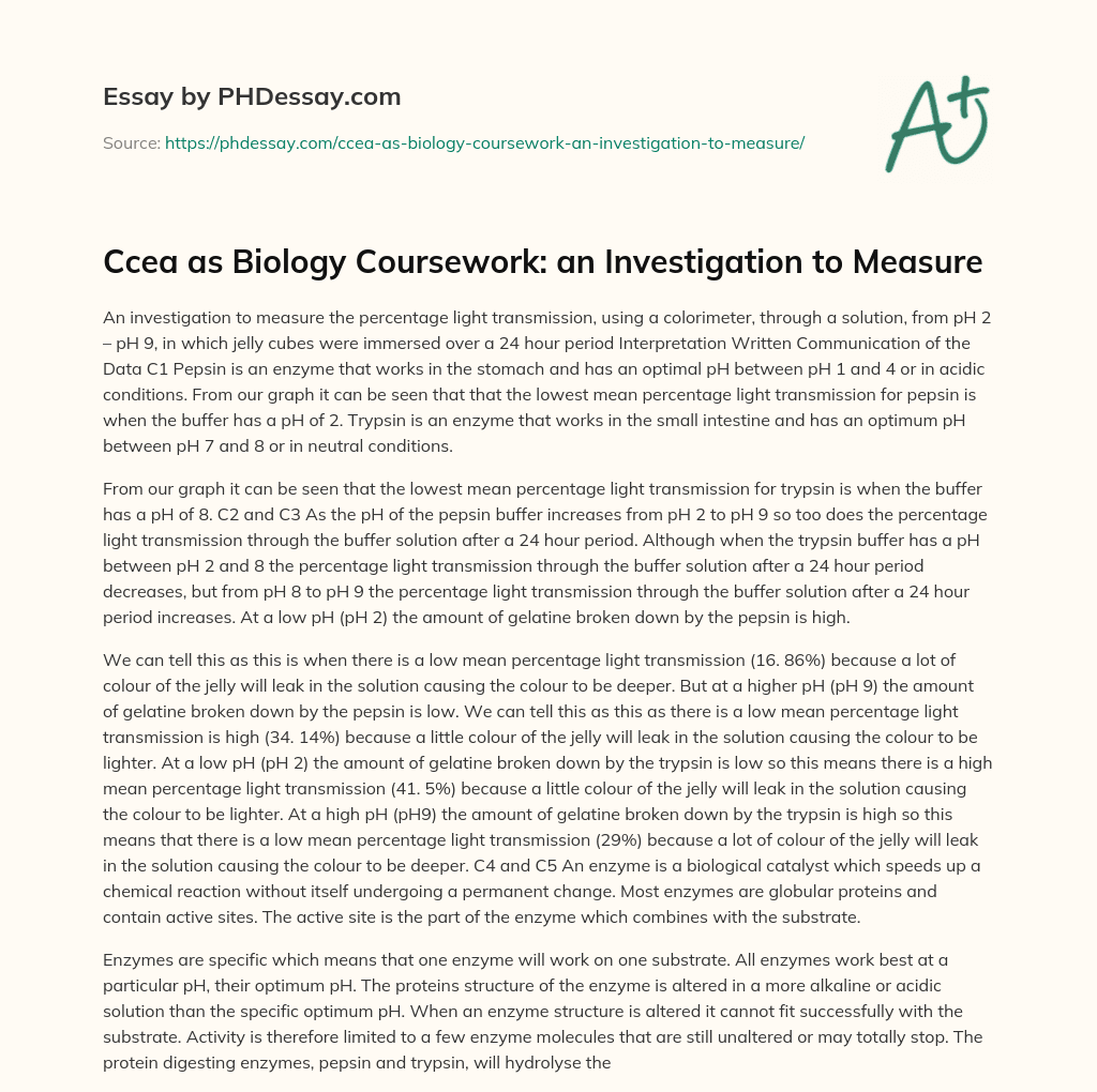 Ccea as Biology Coursework: an Investigation to Measure essay