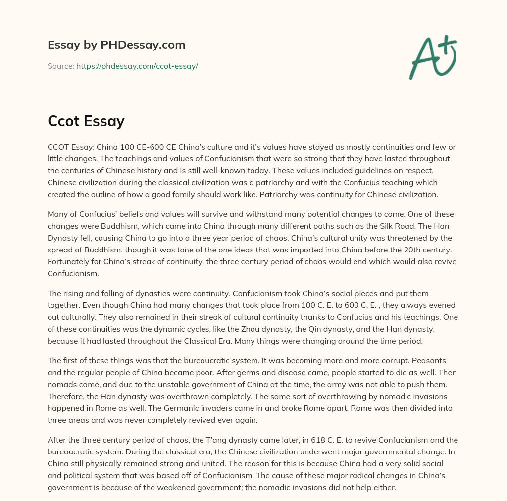 CCOT Essay: Continuity of Confucianism in Chinese Culture from 100 CE-600 CE essay