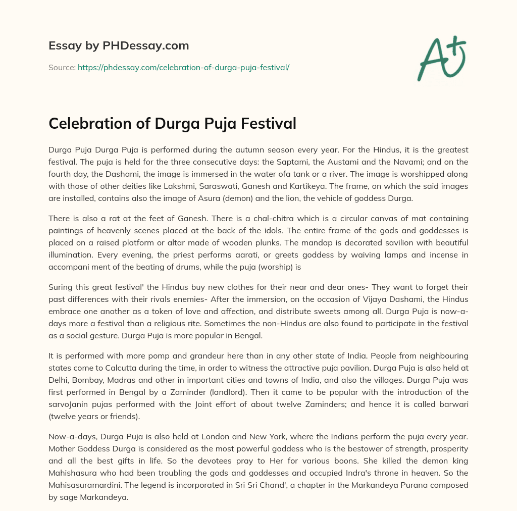 Celebration of Durga Puja Festival essay