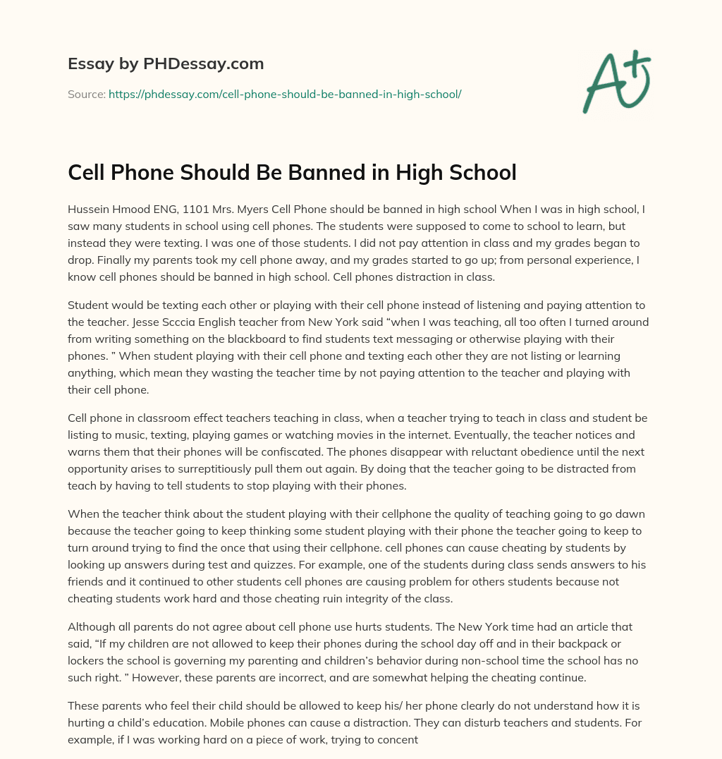 Cell Phone Should Be Banned in High School essay
