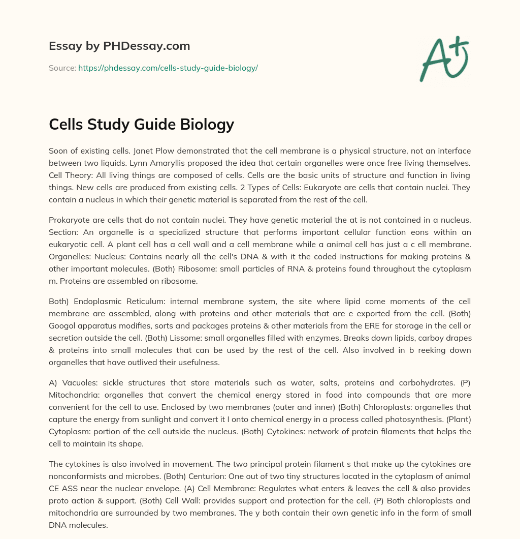 Cells Study Guide Biology (500 Words) - Phdessay.com