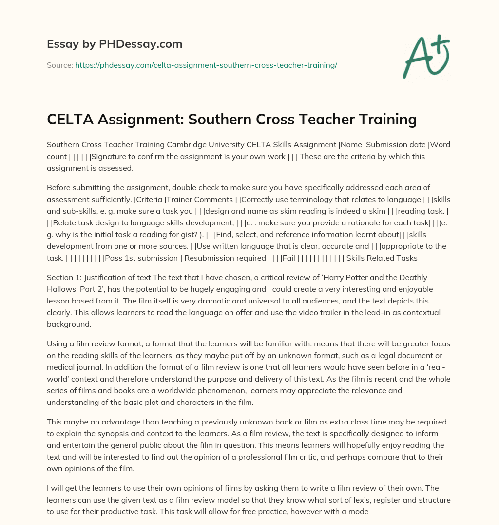 CELTA Assignment: Southern Cross Teacher Training essay