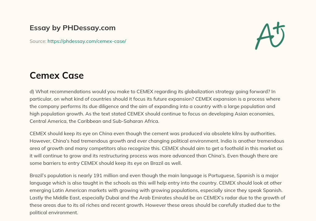 Recommendations for CEMEX’s Globalization Strategy essay