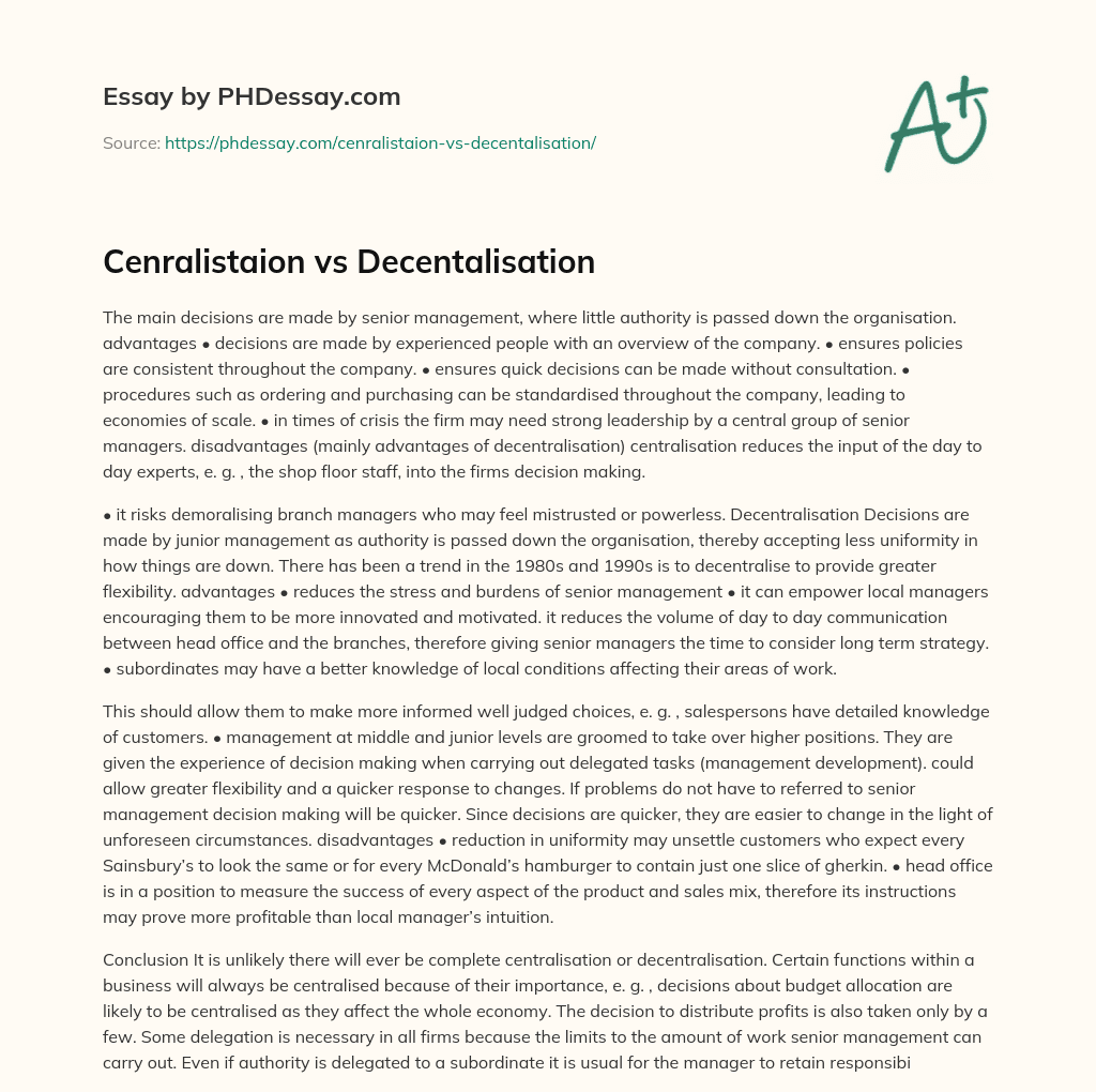 Cenralistaion vs Decentalisation essay