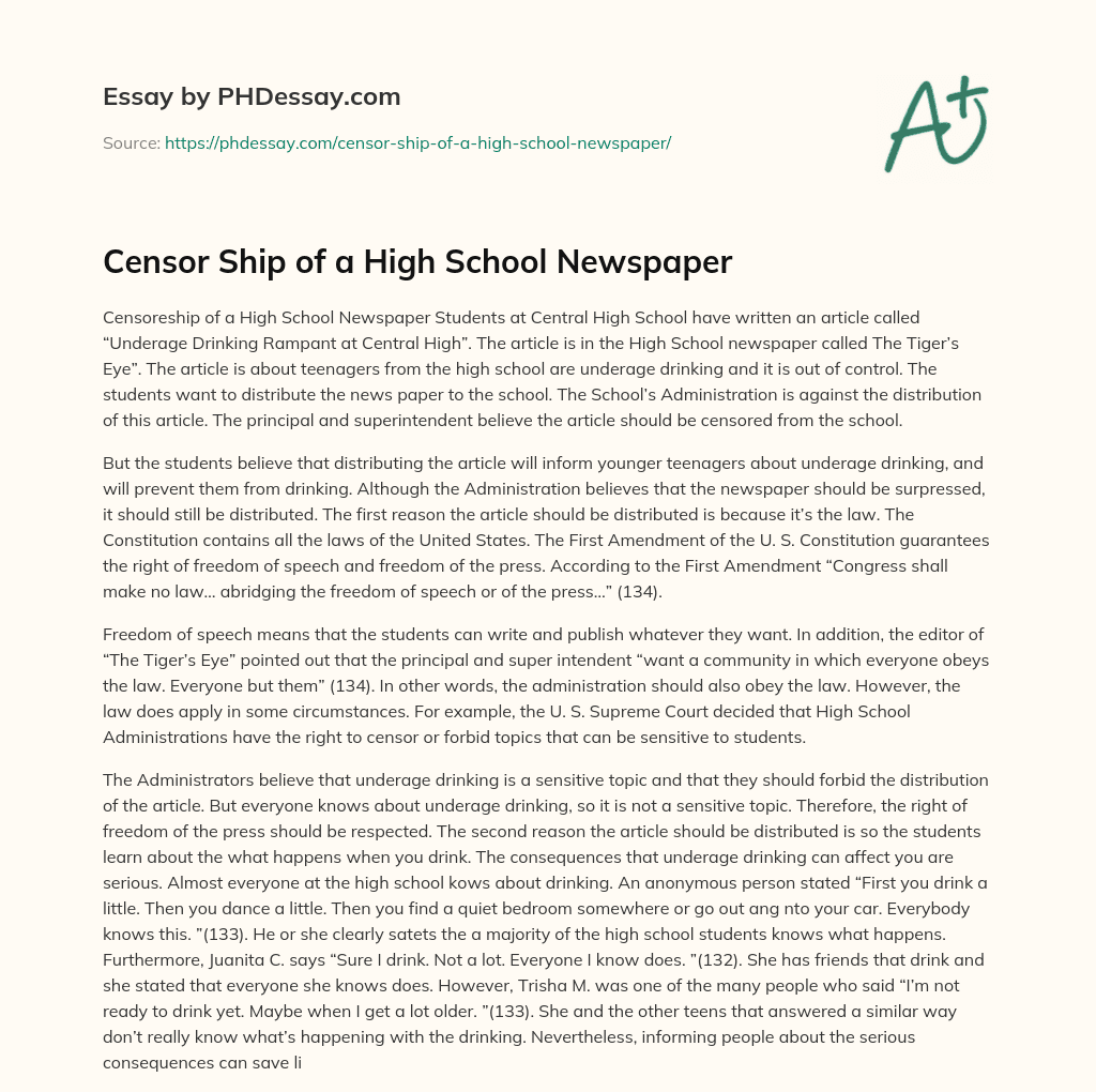 Censor Ship of a High School Newspaper essay