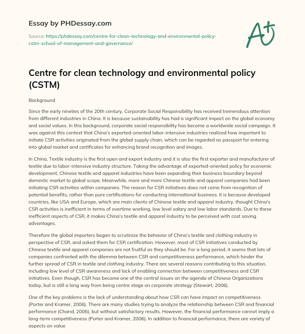 Centre for clean technology and environmental policy (CSTM) essay