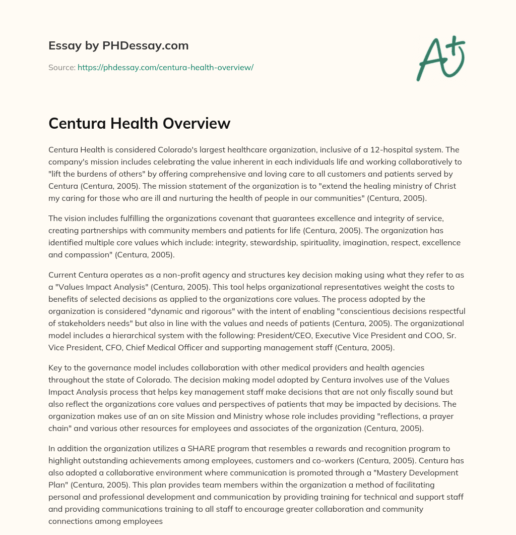 Centura Health Overview essay