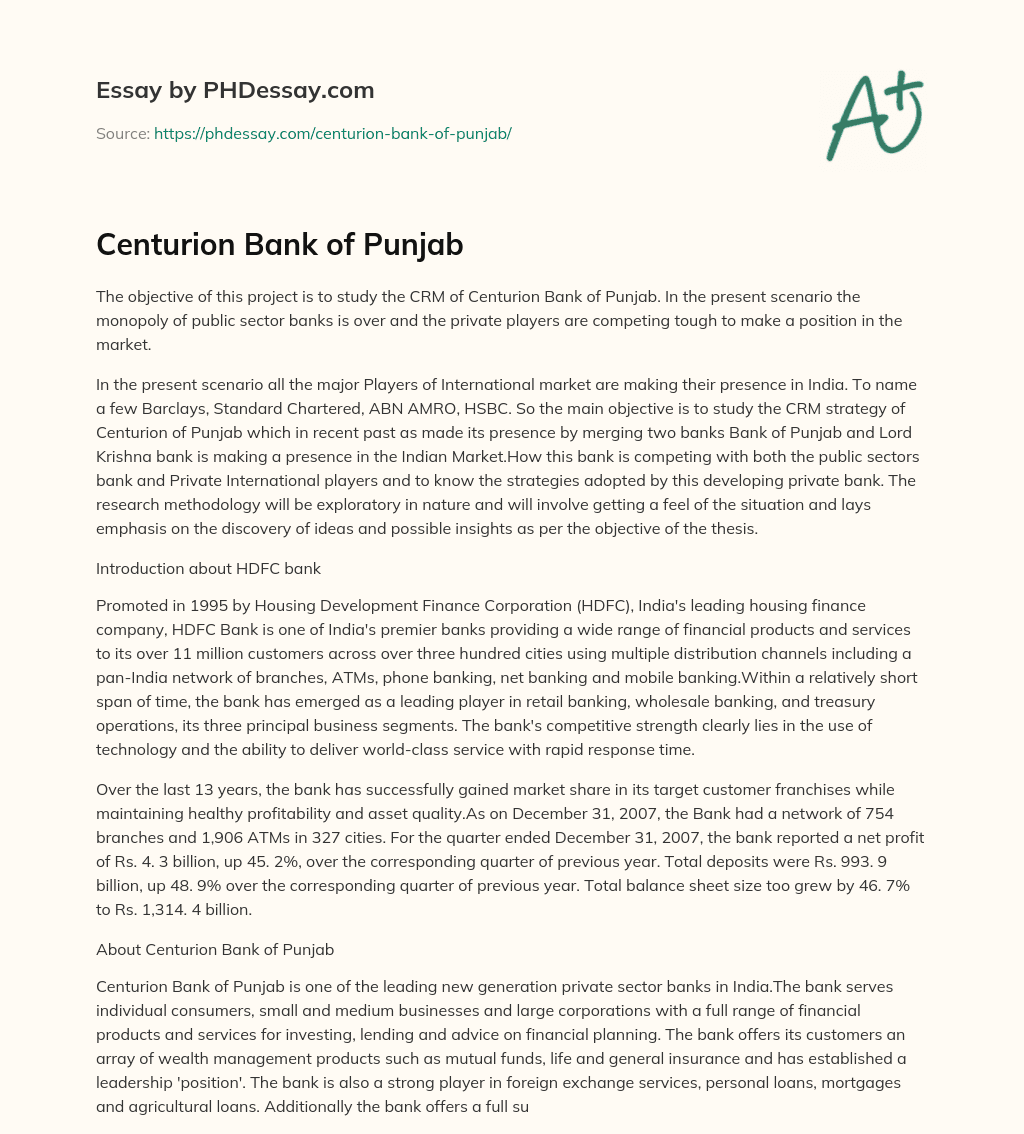 Centurion Bank of Punjab essay