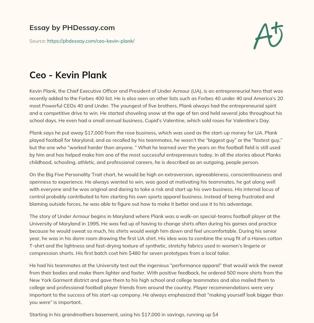 Kevin Plank: The Entrepreneurial Hero Behind Under Armour’s Success essay