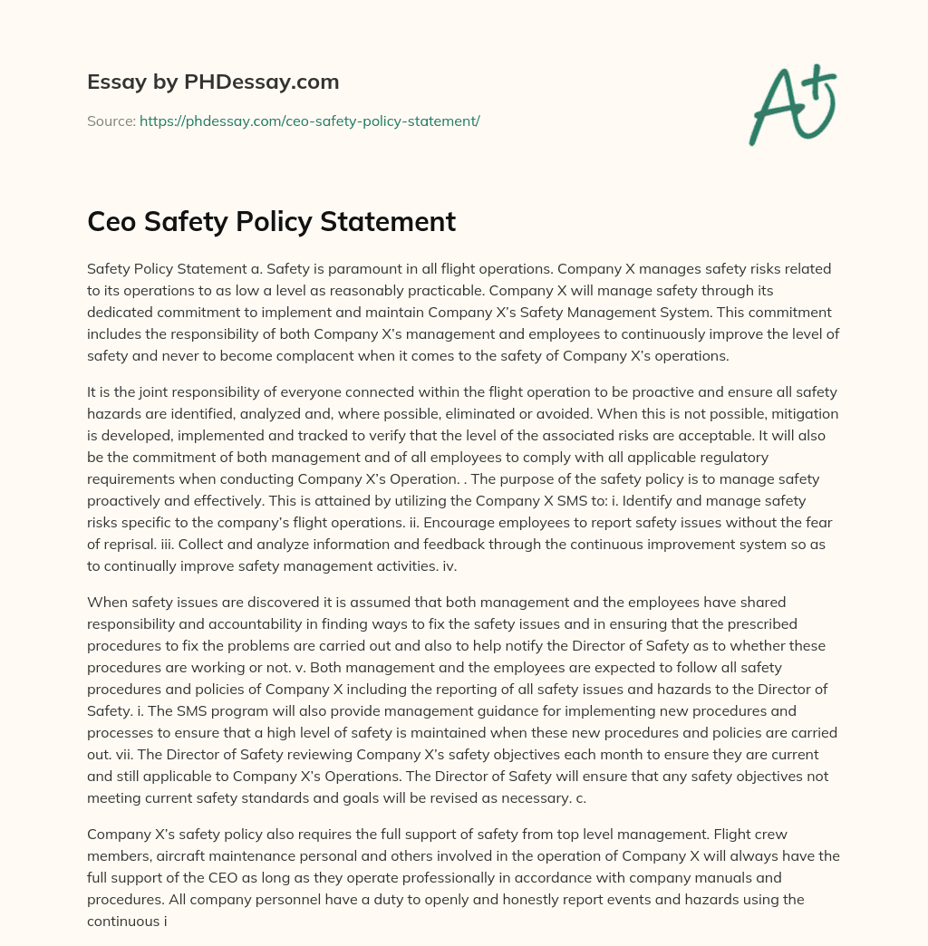 Ceo Safety Policy Statement (600 Words)