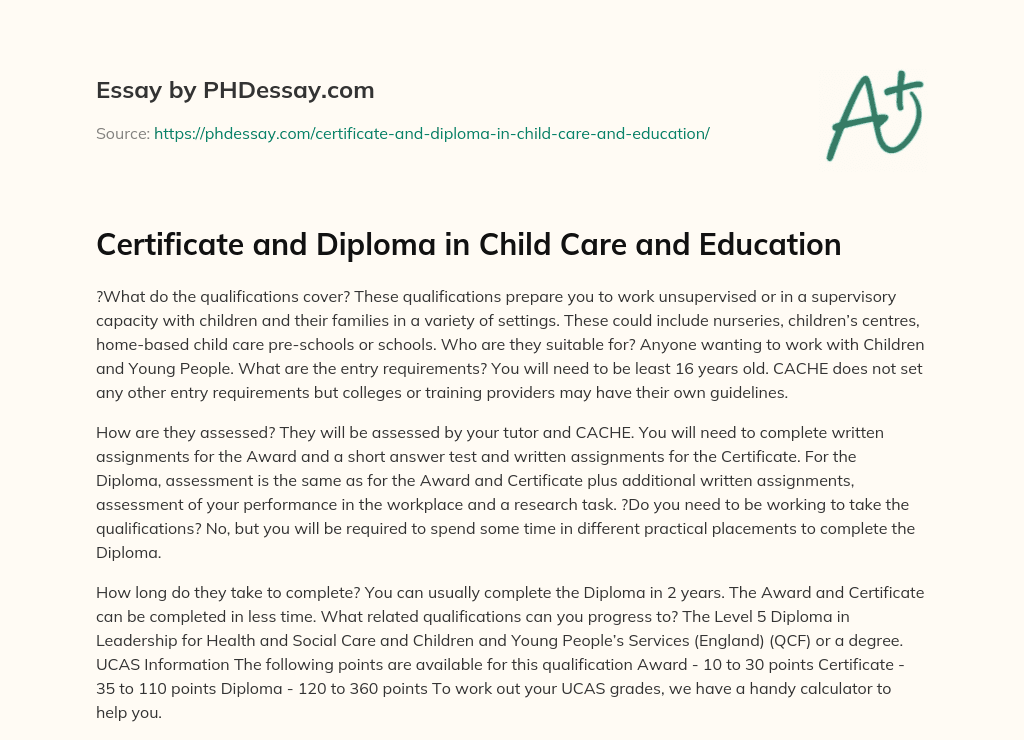 Certificate and Diploma in Child Care and Education essay