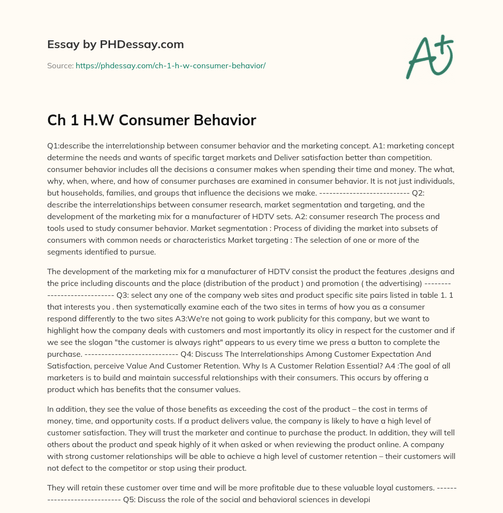 Ch 1 H.W Consumer Behavior essay