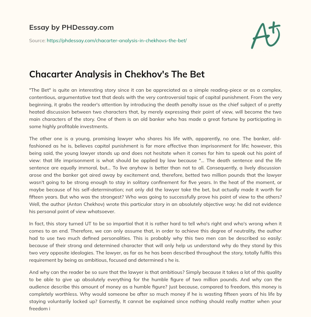 Chacarter Analysis in Chekhov’s  The Bet essay