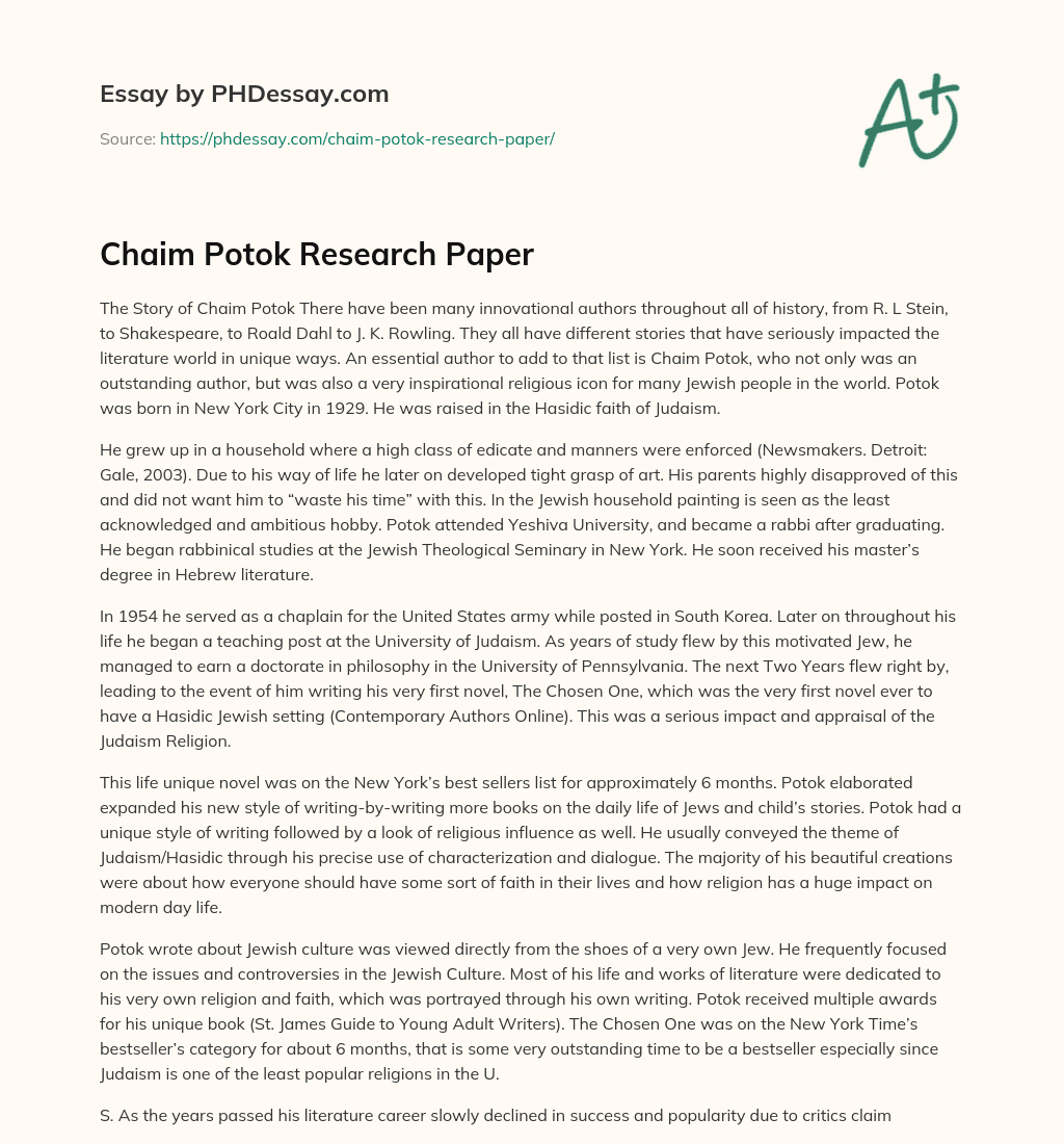 Chaim Potok Research Paper essay