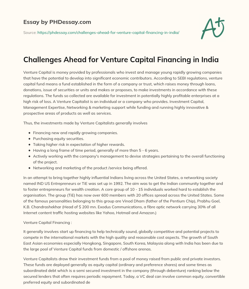 Challenges Ahead for Venture Capital Financing in India essay