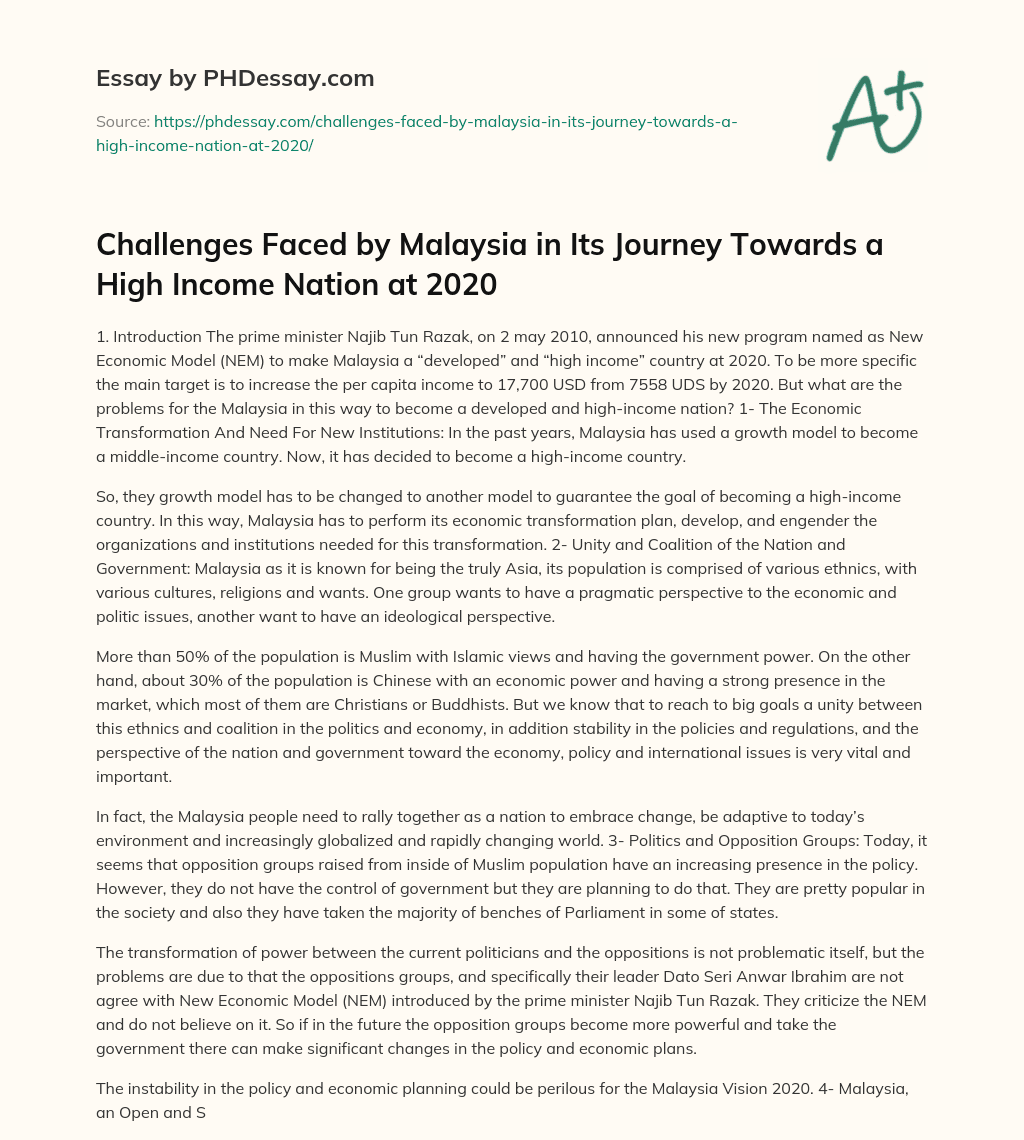 Challenges Faced by Malaysia in Its Journey Towards a High Income Nation at 2020 essay