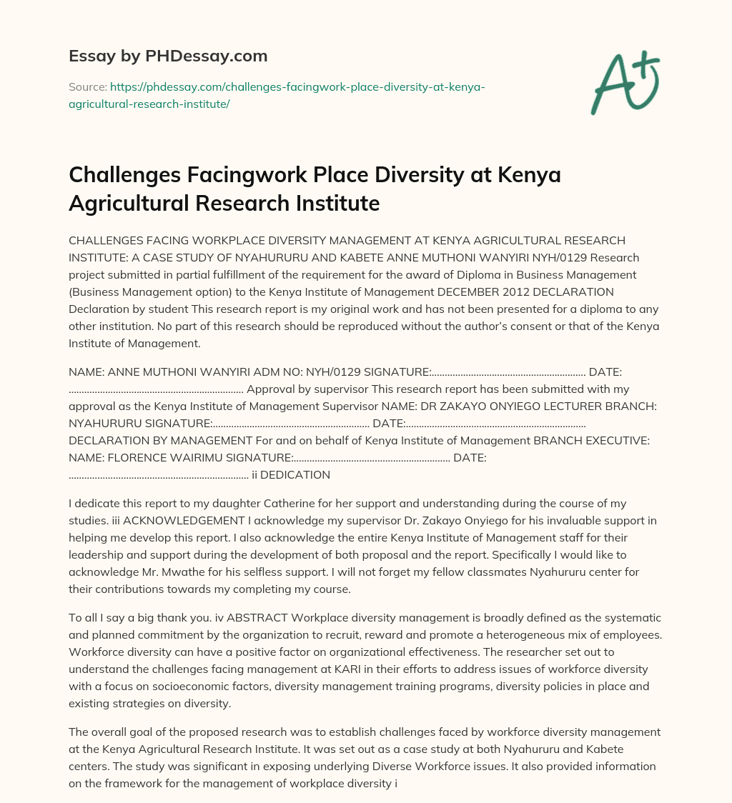 Challenges Facingwork Place Diversity at Kenya Agricultural Research Institute essay