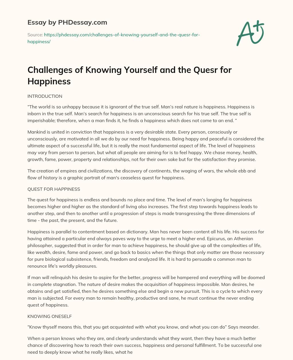 Challenges of Knowing Yourself and the Quesr for Happiness essay