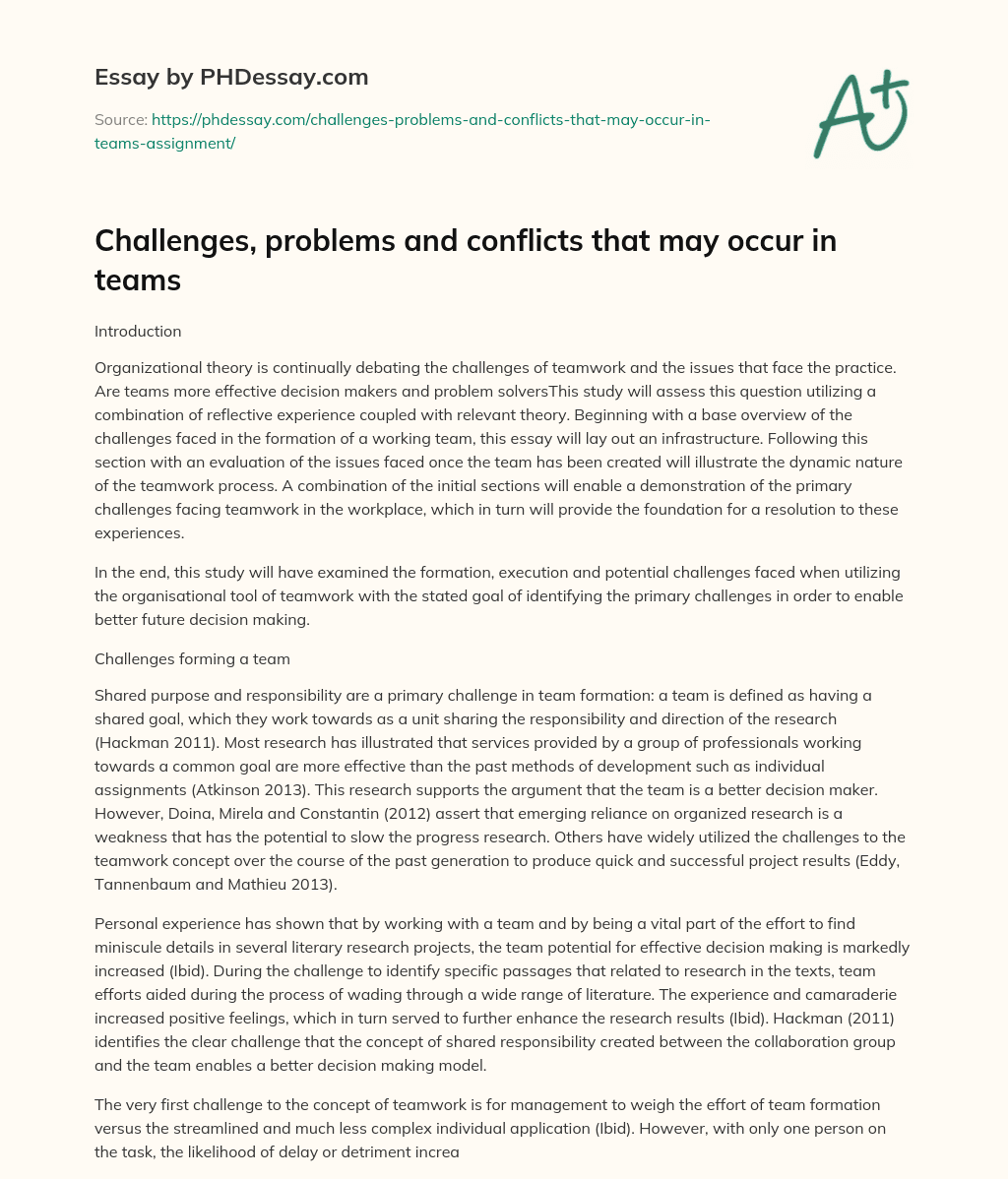 Challenges, problems and conflicts that may occur in teams essay