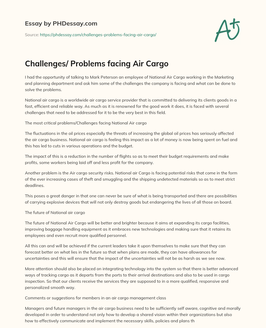 Challenges/ Problems facing Air Cargo essay