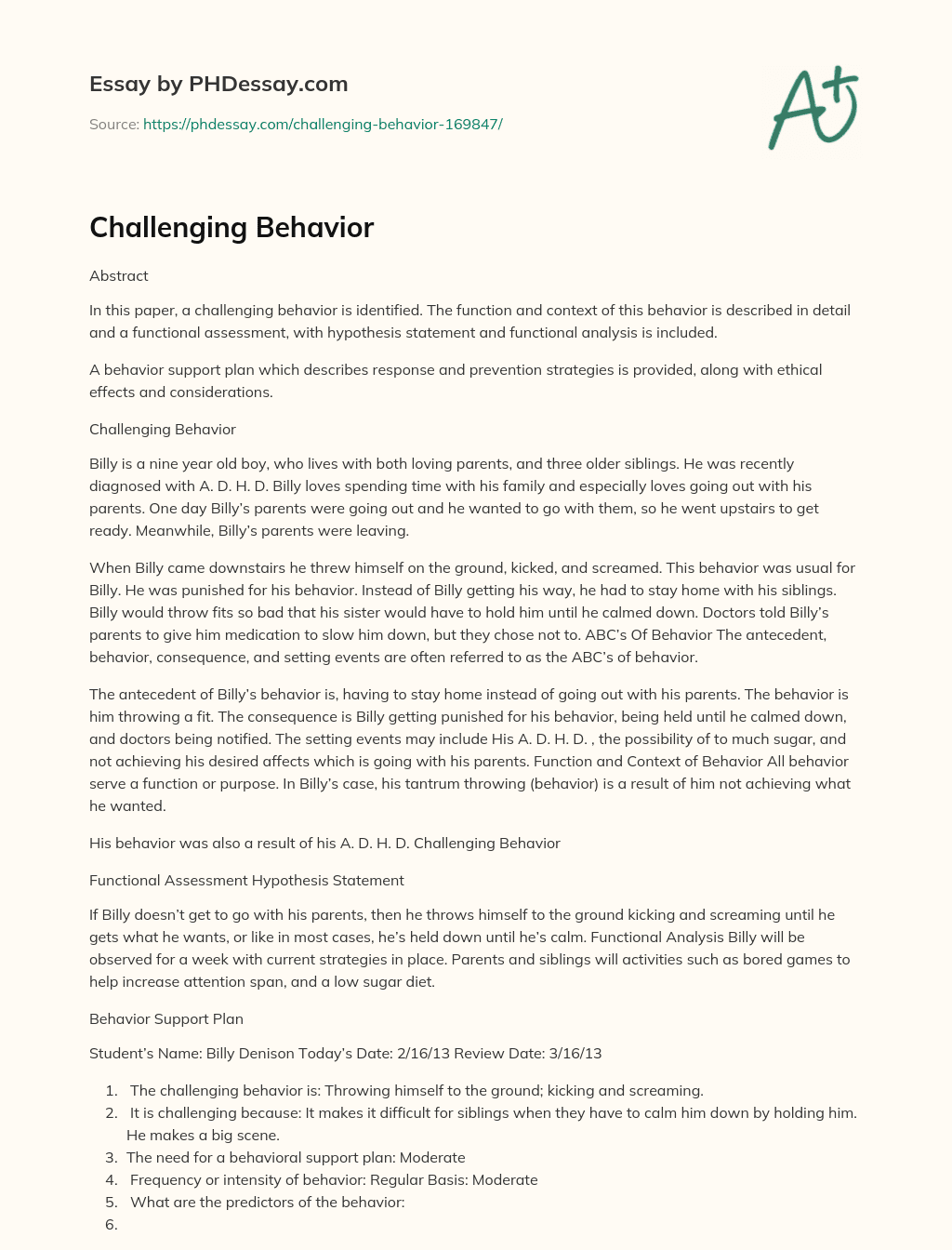 Challenging Behavior essay