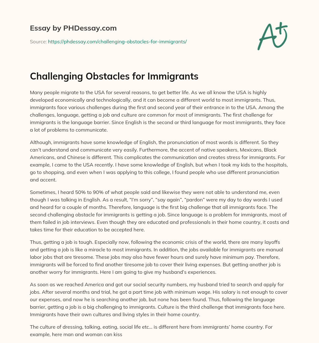 Challenging Obstacles for Immigrants essay