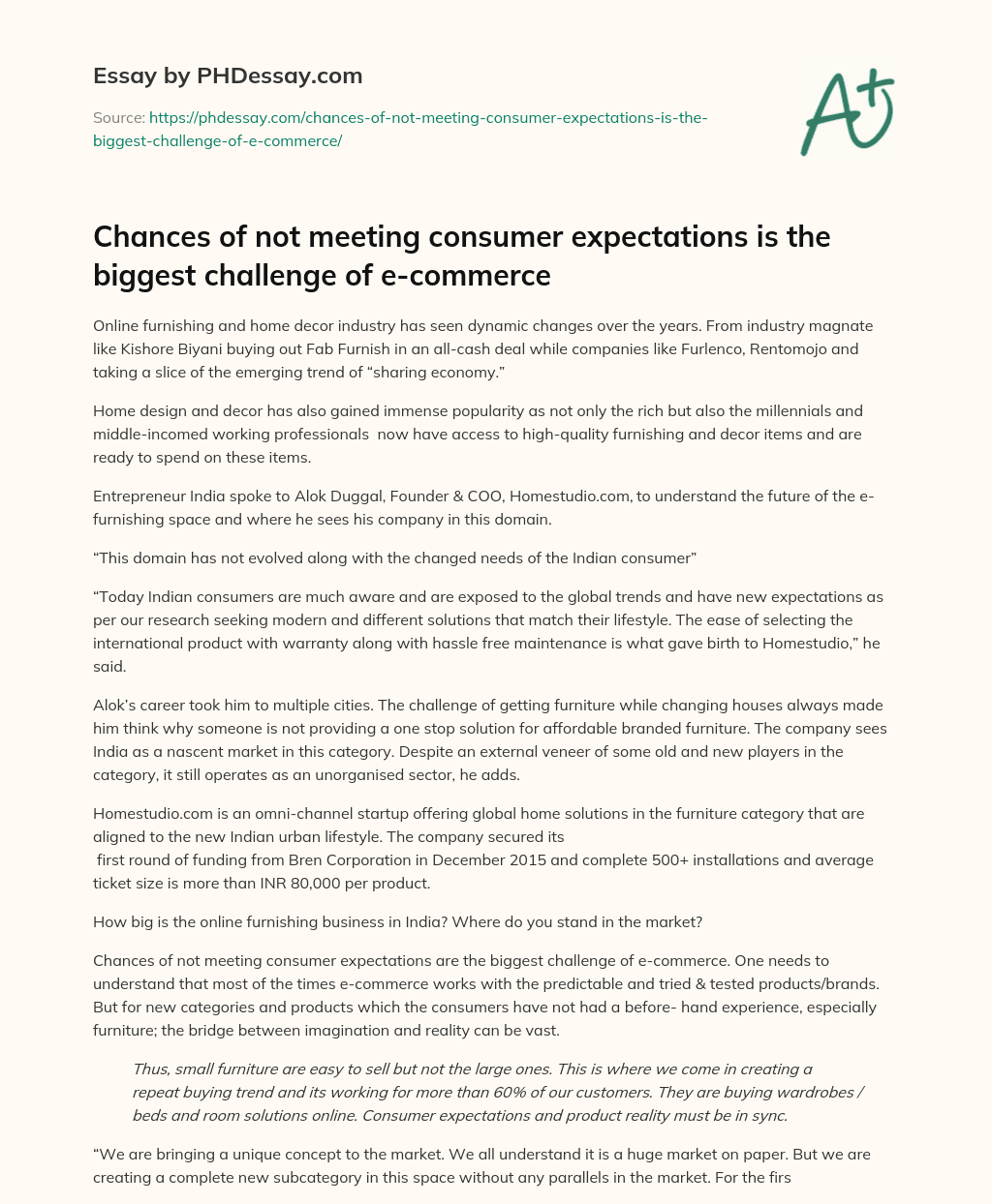 Chances of not meeting consumer expectations is the biggest challenge of e-commerce essay