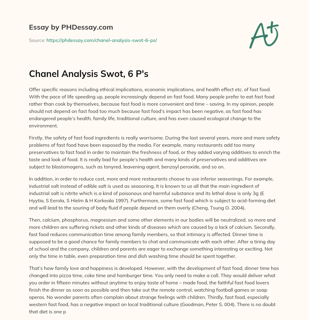 Chanel Analysis Swot, 6 P’s essay