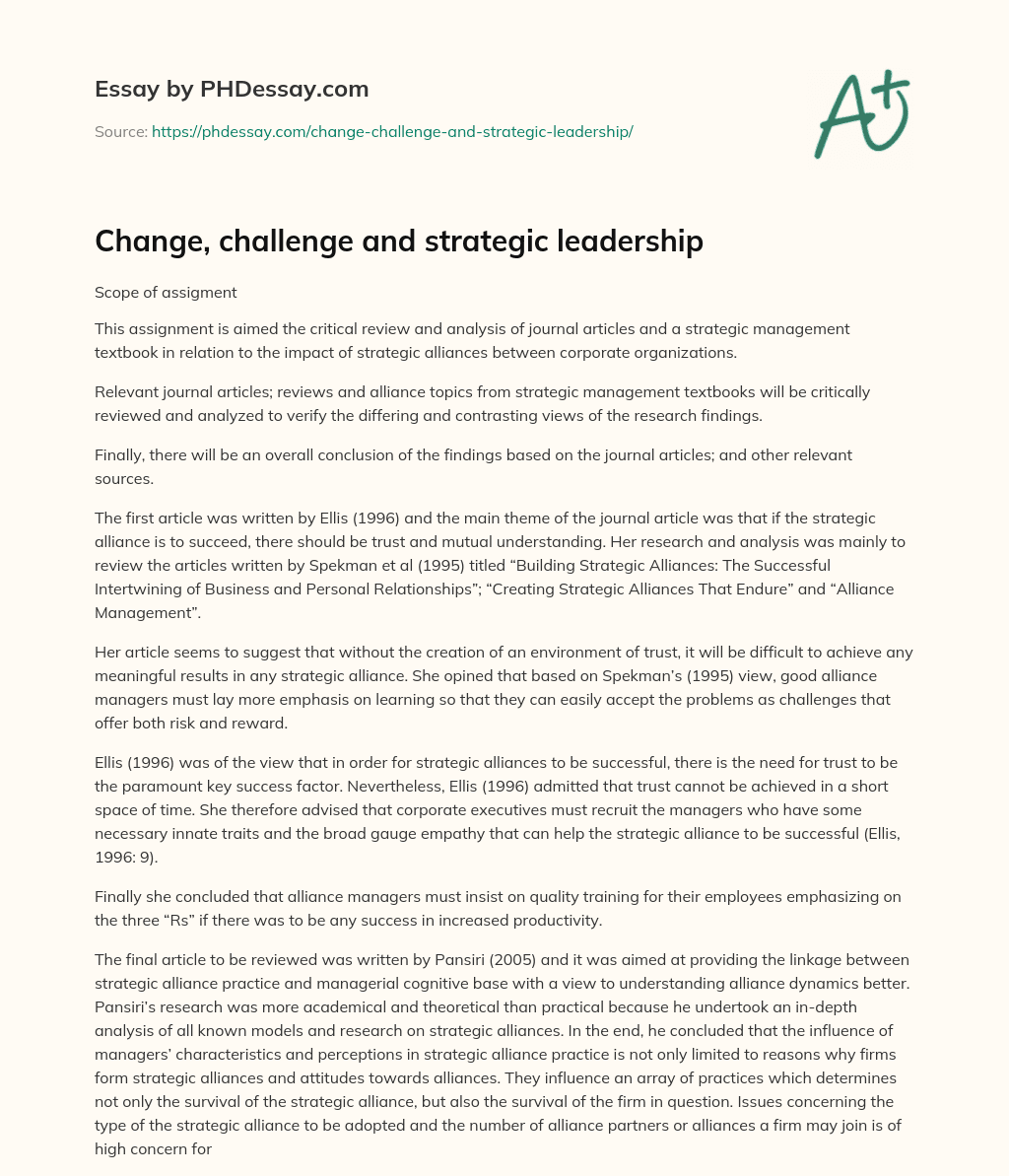 Change, challenge and strategic leadership essay