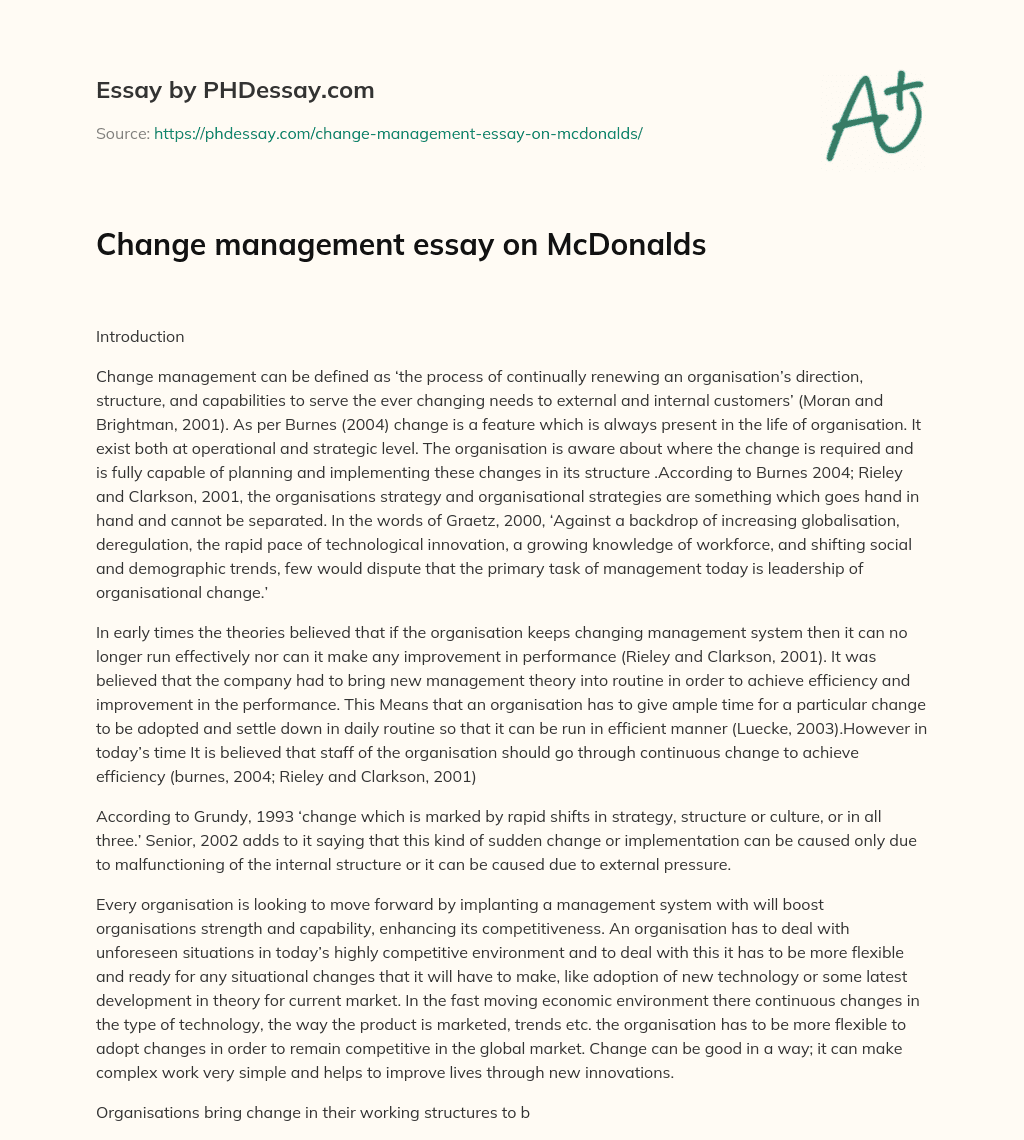 Change management essay on McDonalds essay