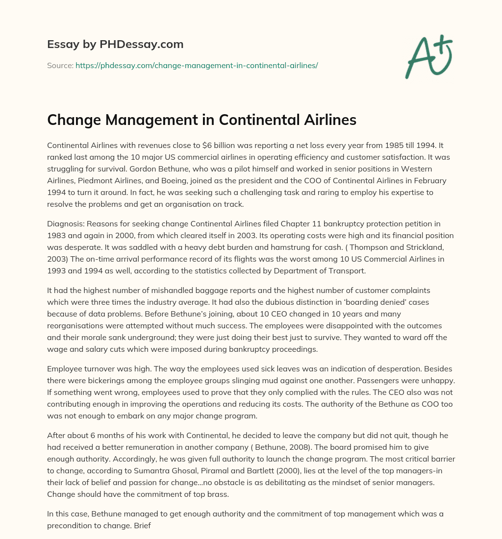 Change Management in Continental Airlines essay