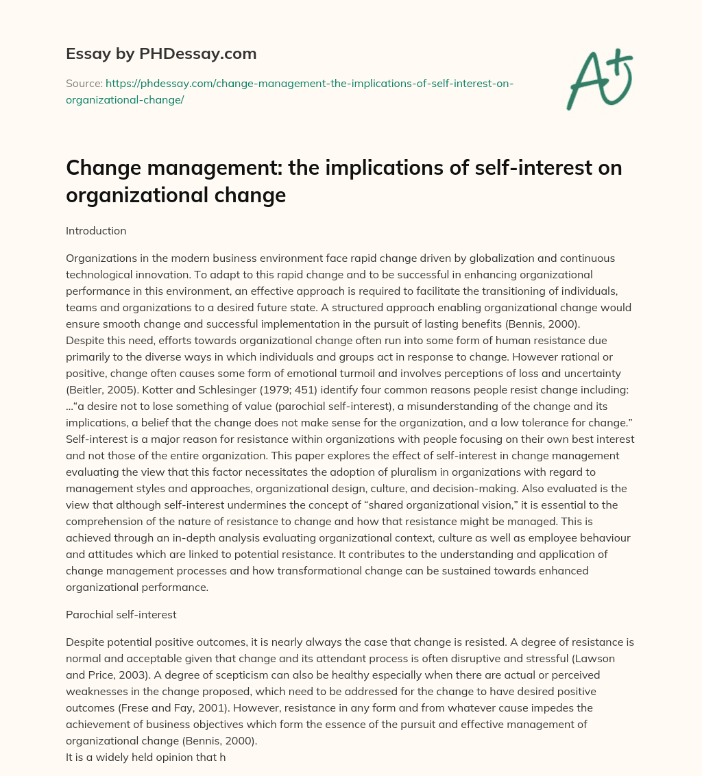 Change management: the implications of self-interest on organizational change essay