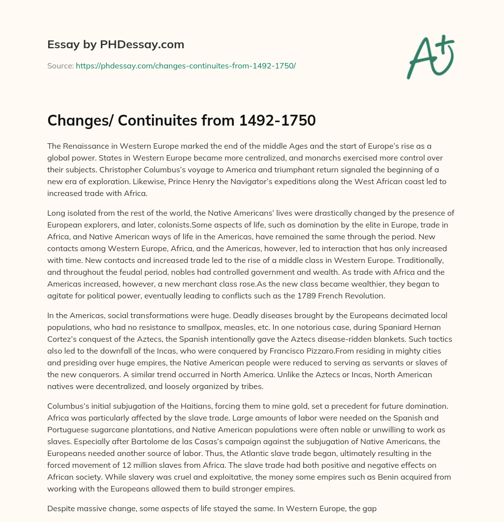 Changes/ Continuites from 1492-1750 essay