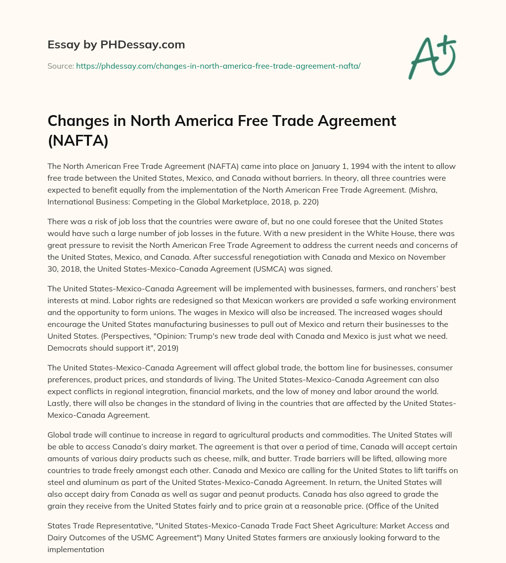 Changes in North America Free Trade Agreement (NAFTA) essay