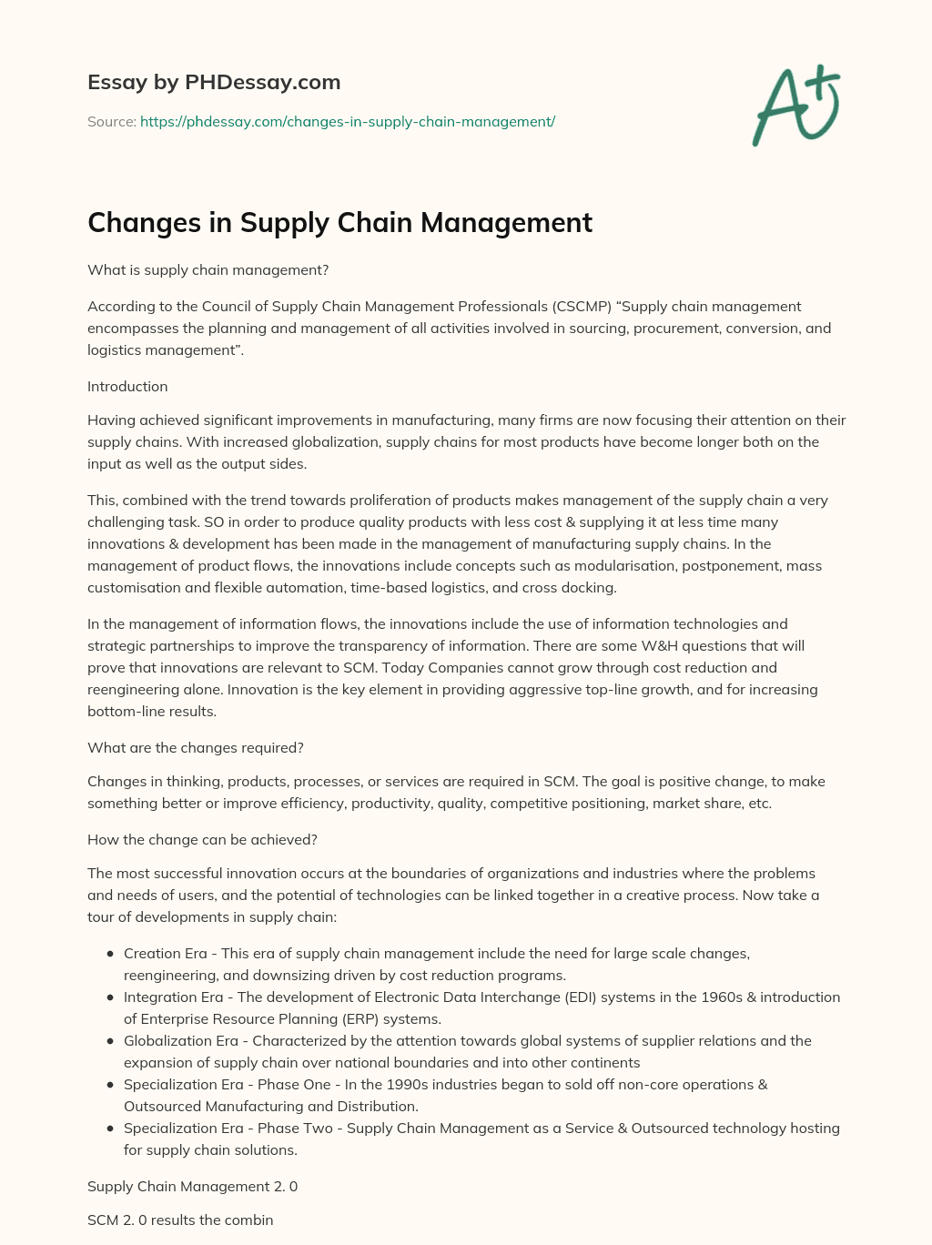 Changes in Supply Chain Management essay