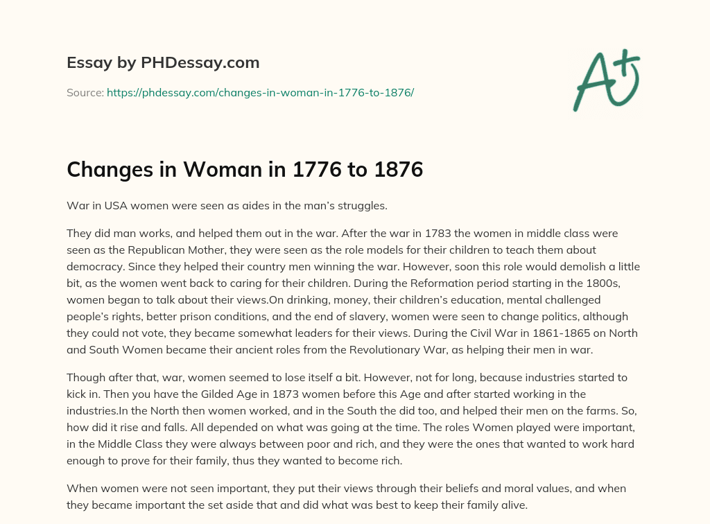 Changes in Woman in 1776 to 1876 essay