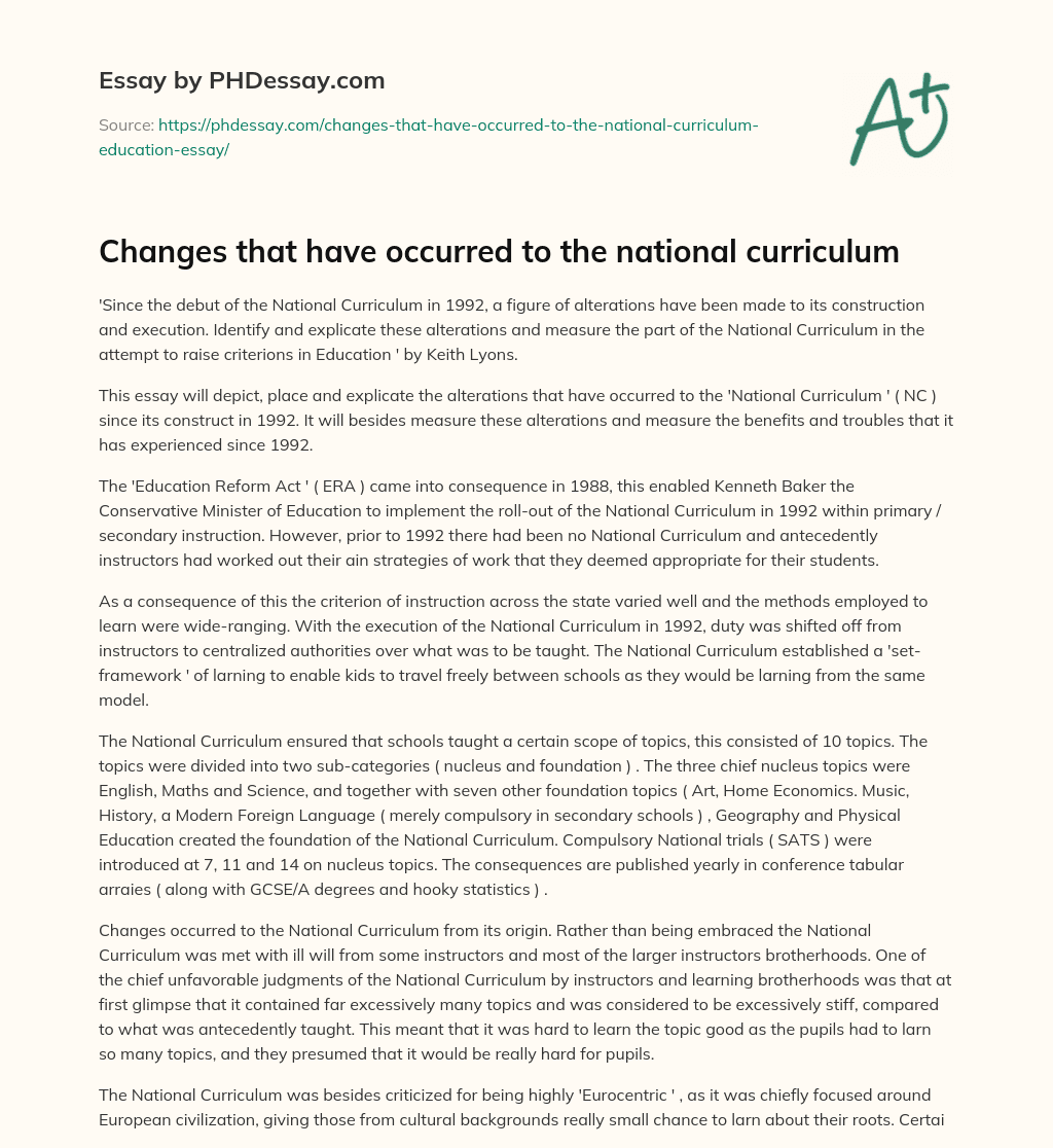 Changes that have occurred to the national curriculum essay
