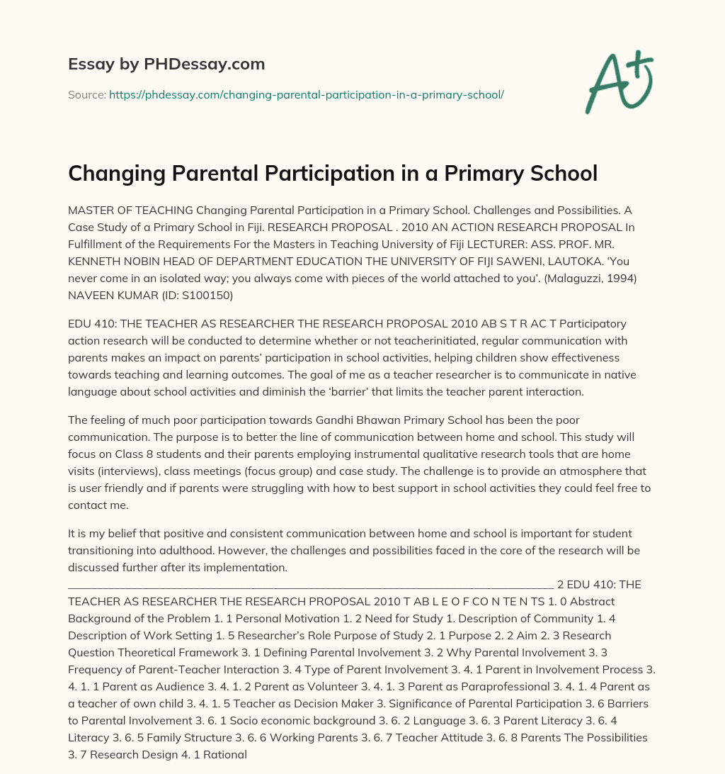 Changing Parental Participation in a Primary School essay