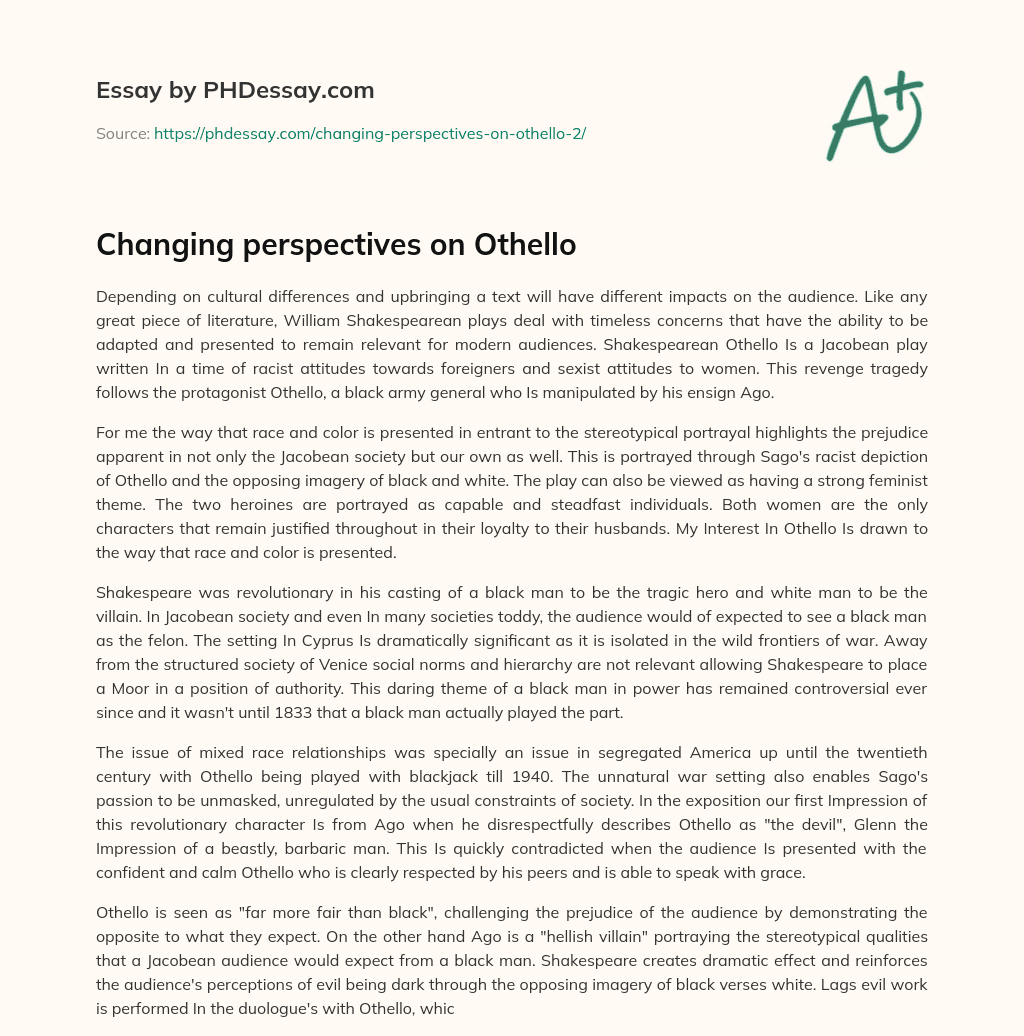Changing perspectives on Othello essay