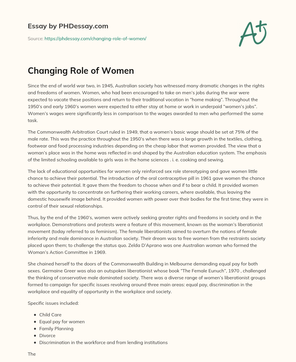 Changing Role of Women essay