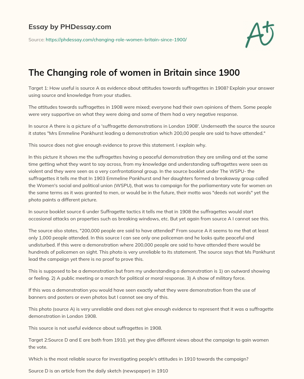 The Changing role of women in Britain since 1900 essay