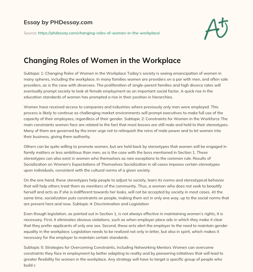 Changing Roles of Women in the Workplace essay