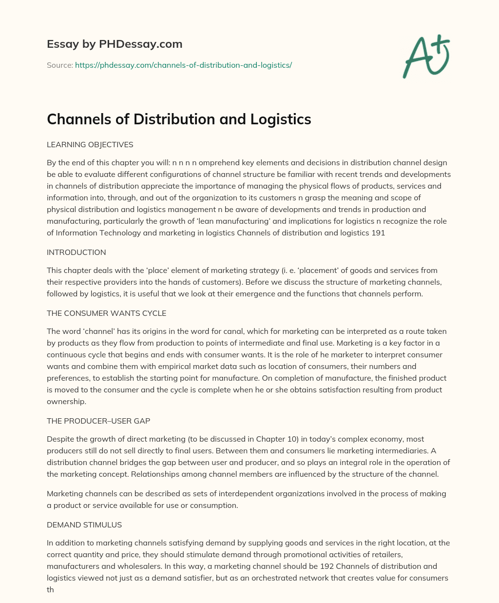 Channels of Distribution and Logistics