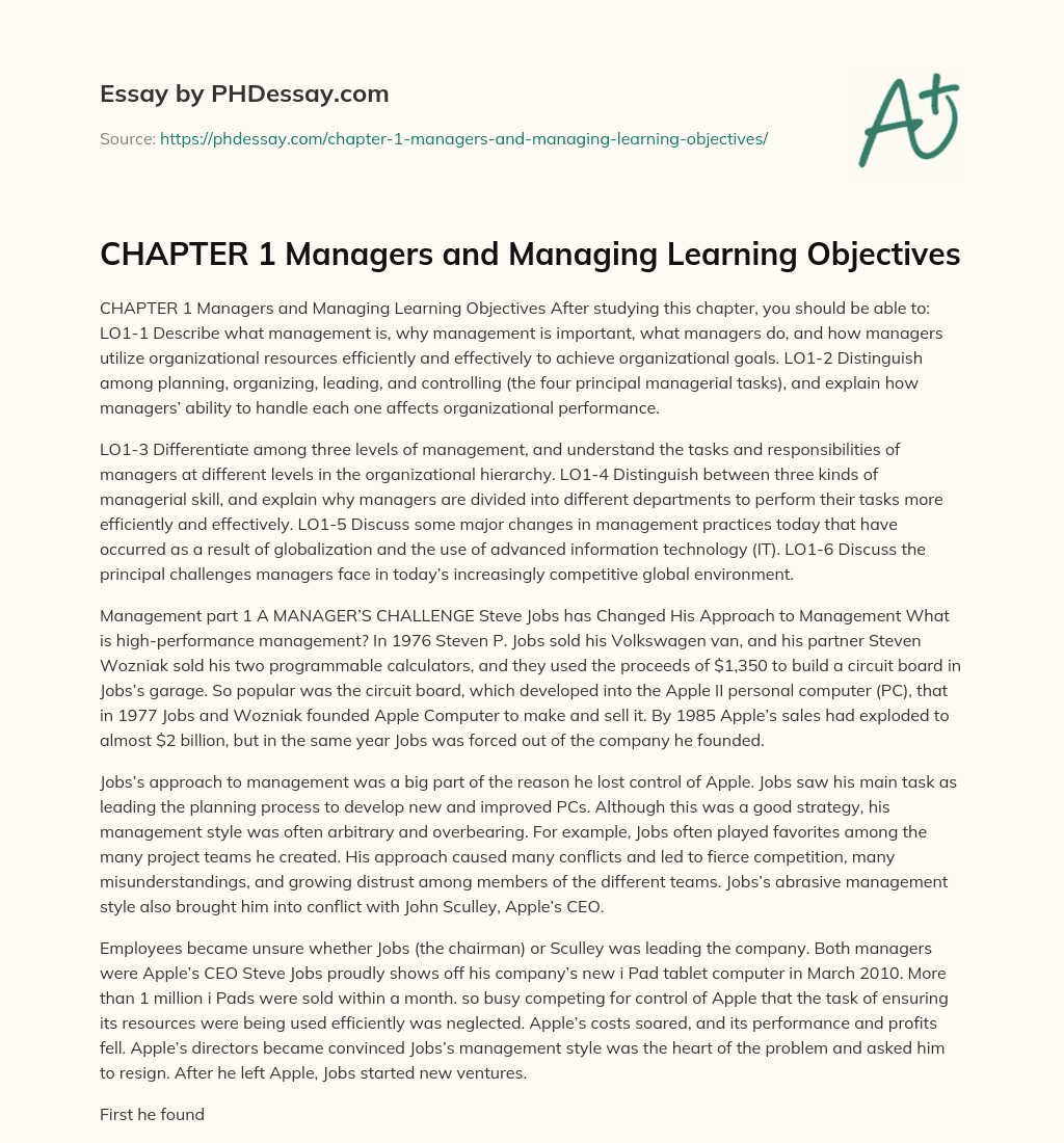 CHAPTER 1 Managers and Managing Learning Objectives essay