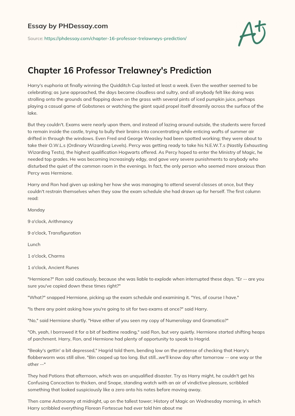 Chapter 16 Professor Trelawney’s Prediction essay