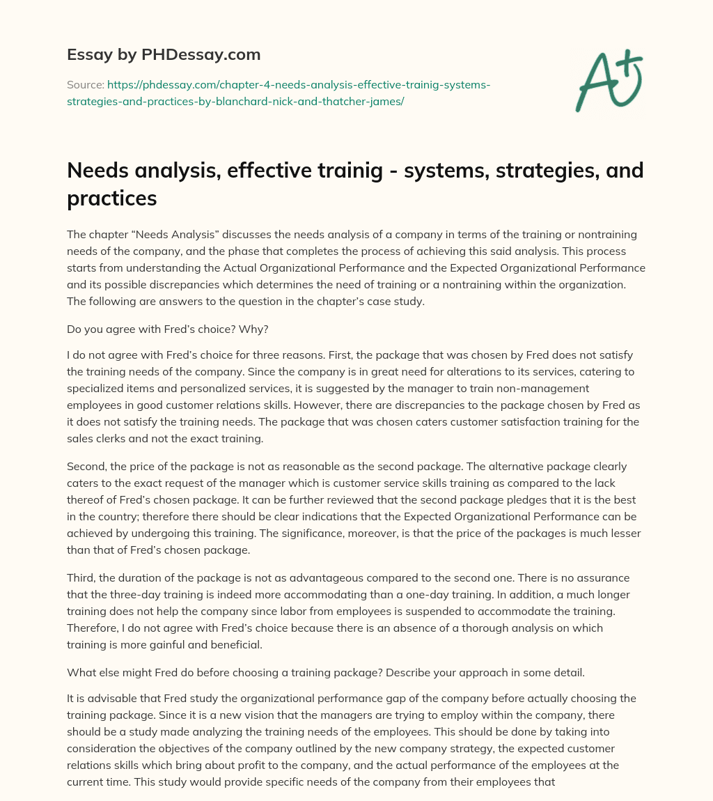 Needs analysis, effective trainig – systems, strategies, and practices essay