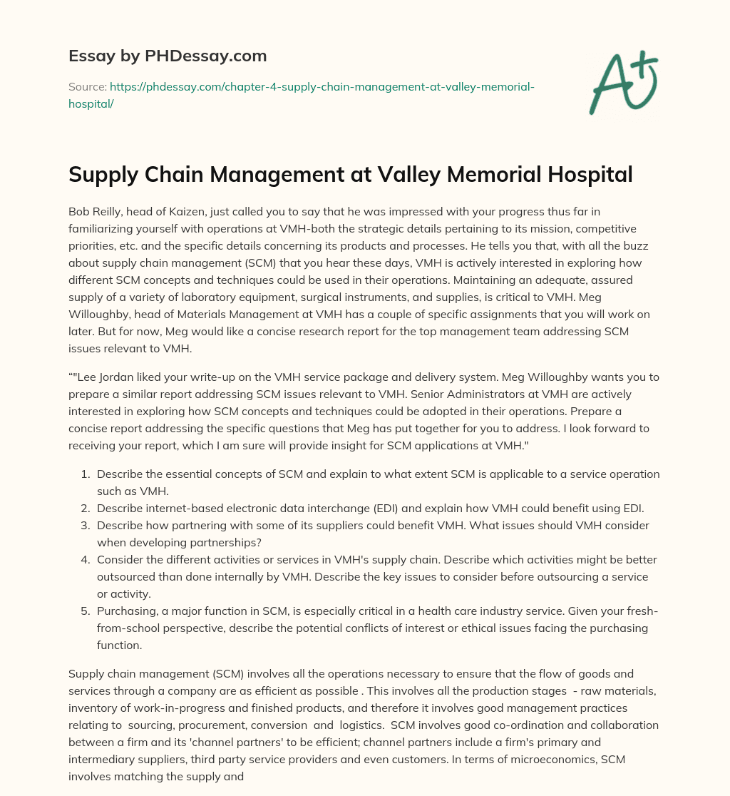 Supply Chain Management at Valley Memorial Hospital essay