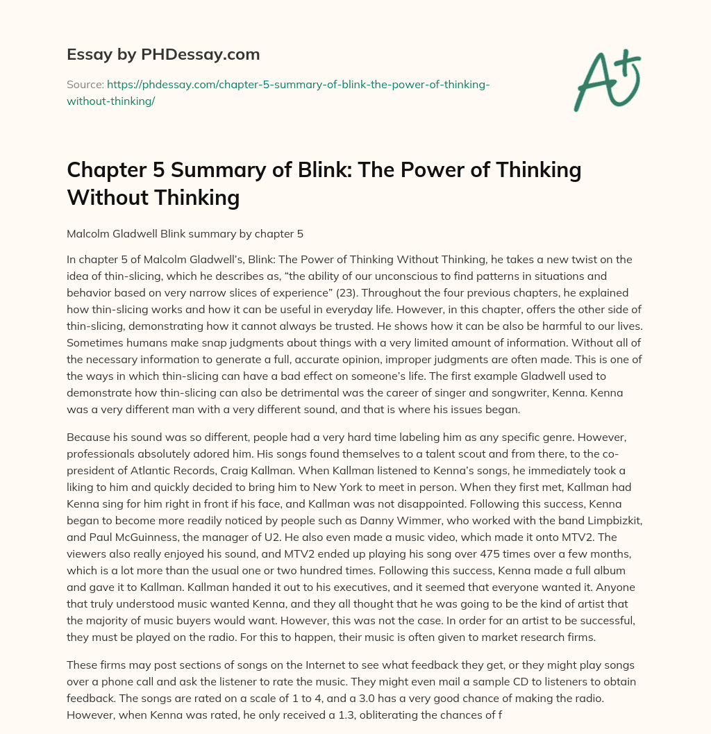 Chapter 5 Summary of Blink: The Power of Thinking Without Thinking essay