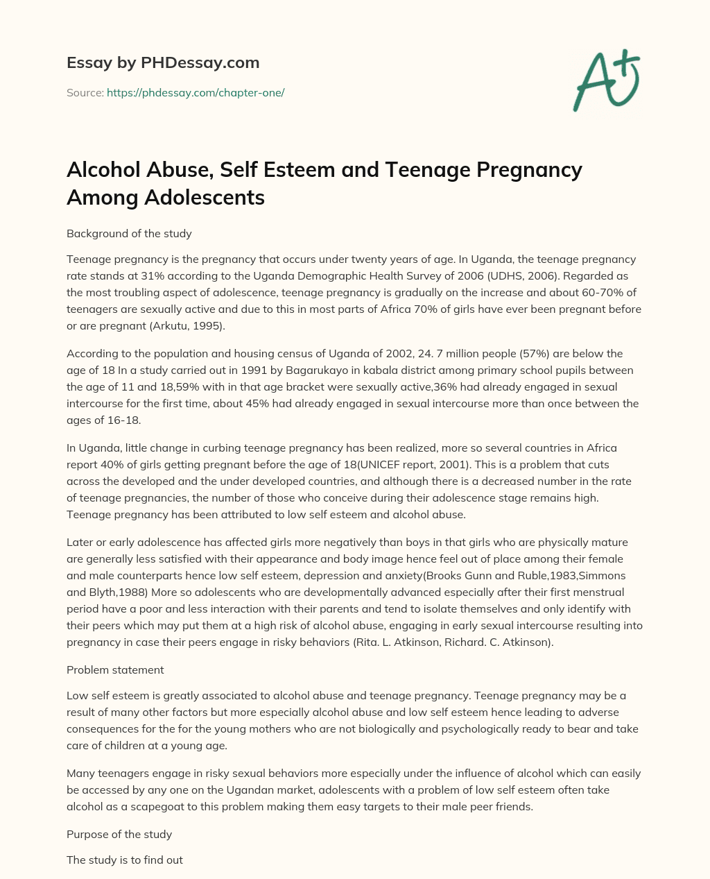 Alcohol Abuse, Self Esteem and Teenage Pregnancy Among Adolescents essay