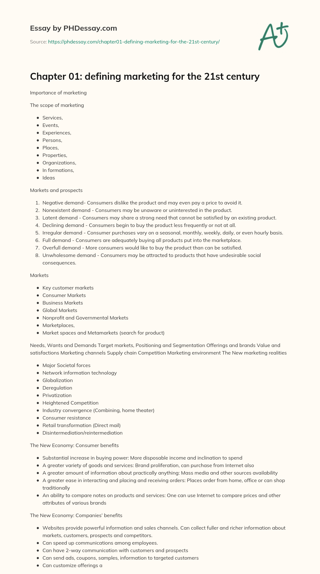 Chapter 01: defining marketing for the 21st century essay